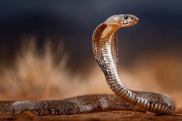 Fototapeta premium Coiled snake poised in the desert, showcasing intricate skin patterns under morning light