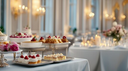 Fototapeta premium metallic banquet trays filled with lavish dishes, placed on an elegant table in an opulent banquet hall