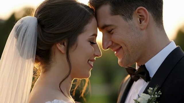 Romantic Wedding Couple Touching Foreheads, Smiling, Golden Hour Sunlight