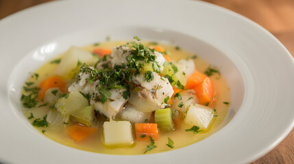 Fresh Greek Fish Soup with Vegetables and Herbs in a White Bowl on Wooden Table
