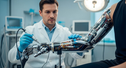 Innovation in Motion: An engineer's precision hands-on work to meticulously examine a patient's advanced bionic arm in a high-tech environment of advanced medical technology.