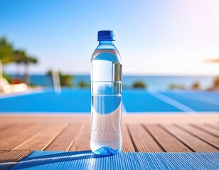 there is a bottle of water sitting on a table near a pool