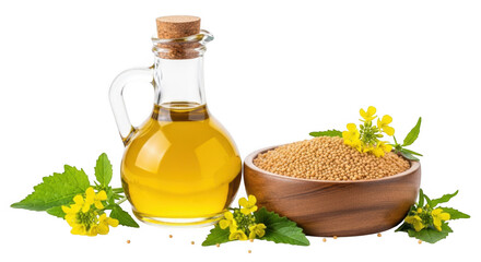 Mustard oil with seeds and flowers isolated on transparent background