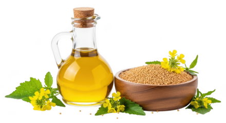 Mustard oil with seeds and flowers isolated on transparent background