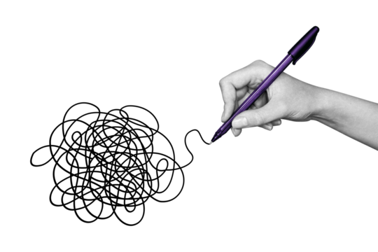 Abstract hand drawing. Tangled line. Psychology, Concept of thinking, finding a solution. Chaotic thoughts. Labyrinth. Complex task. Emotions of tension, anxiety. Reason.