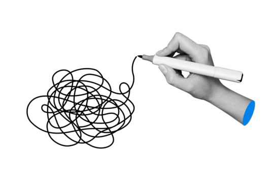 Abstract hand drawing. Tangled line. Psychology, Concept of thinking, finding a solution. Chaotic thoughts. Labyrinth. Complex task. Emotions of tension, anxiety. Reason.