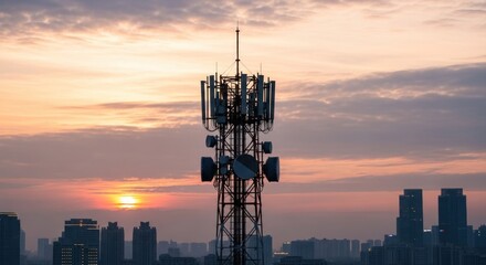 Telecommunications tower at sunrise over city