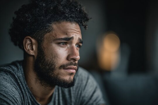 Young man with curly hair reflects thoughtfully while seated indoors in a dimly lit room during the evening - Powered by Adobe