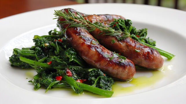 Grilled Sausages on a Plate with Fresh Broccoli Rabe and Herbal Garnish for a Delicious Meal