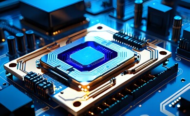 Fototapeta premium Luminous Blue Quantum Processor Core Glowing on a Futuristic Motherboard.
