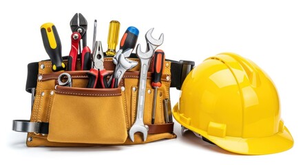 Tool belt full of assorted tools next to a hard hat