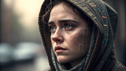 Cyberpunk futuristic woman portrait with hood and digital face art concept art ai generated image