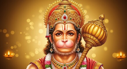 Ornate golden depiction of a Hindu deity with a mace against a bokeh background and two candles on either side