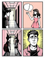 Four panel comic strip depicting a boy and girl in a school hallway with speech bubble and glowing effect