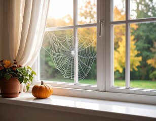 Naklejka premium there is a spider web on the window sill next to a potted plant