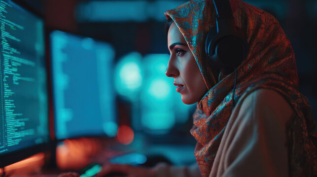 A woman wearing a hijab and headphones is seated before a computer displaying lines of code - Powered by Adobe