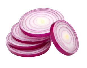 Stack of Thick Red Onion Rings Tilted with Natural Shadows, Side Perspective, Isolated on White