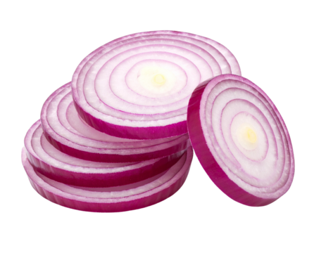 Stack of Thick Red Onion Rings Tilted with Natural Shadows, Side Perspective, Isolated on White