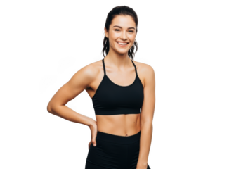 Smiling fit woman in black sports bra and black leggings isolated on transparent background