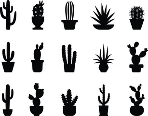 Potted Succulent Silhouette Pack – Vector Grid of Stylish Indoor Plants Featuring Varied Cactus Shapes in Minimalist Black Designs