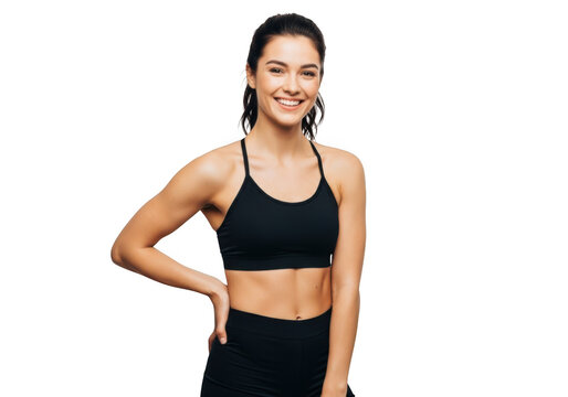 Smiling fit woman in black sports bra and black leggings isolated on transparent background
