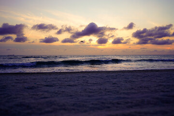 Beautiful sunset over the sea with purple and orange skies. The shore of the Baltic Sea in 18586 Göhren on the island of Rügen