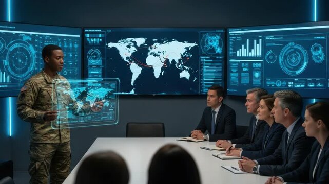 A military officer presents strategic data on a holographic display to a group of attentive executives in a modern conference room with digital maps and analytics displayed on screens in the backgroun