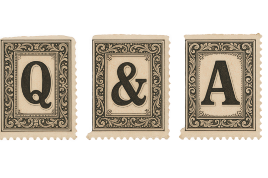 Vintage Q&A Lettering in Ornate Stamp Frames, Representing Questions and Answers
