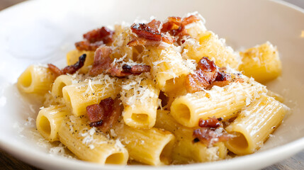 Traditional Roman Pasta Alla Gricia Dish with Guanciale, Pecorino Romano, and Rigatoni for Culinary Experience