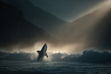 Fototapeta premium Shark breaches the ocean surface at dawn near coastal cliffs showcasing nature's raw beauty and power