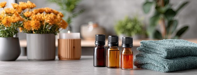 Enhance your self-care routine with a calming green candle, amber oils, and fresh flowers arranged on a cozy table