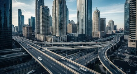 Urban highway intersection with skyscrapers