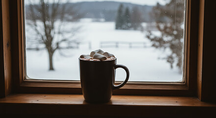 Cozy winter day sipping hot chocolate with marshmallows by the window watching the snowfall outside