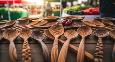 Wooden spoons on a market stall