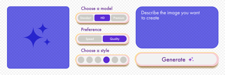 Generate AI image user interface with tools, button, window for promt text ioslated on background. Artificial intelligence buttons trendy neumorphic for ui ux element, app, website vector 10 eps