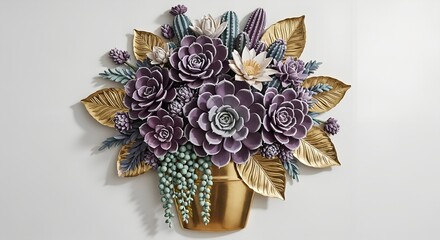 Exquisite 3D botanical wall art: A stunning arrangement of purple succulents, blue cacti, and shimmering gold leaves in a decorative pot.