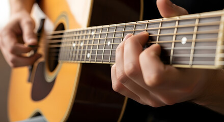 String Symphony: A close-up captures a musician's hands expertly caressing the strings of an acoustic guitar. The intimate composition highlights the craft of music