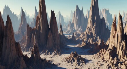Fototapeta premium Majestic Peaks Landscape - A dramatic landscape of towering, textured peaks under a clear sky. Symbolizing strength, resilience, vastness, mystery, and serenity