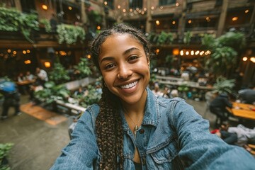 Young woman smiling in a vibrant indoor restaurant filled with plants and happy diners