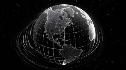 Rotating 3 D Wireframe Earth Globe White Points Lines Dark Background isolated on a transparent background