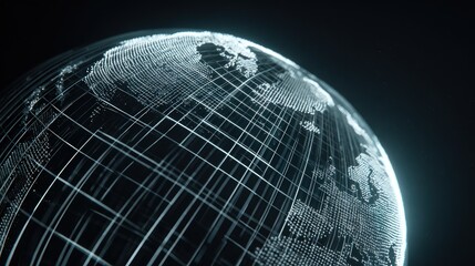 Rotating 3 D Wireframe Earth Globe with Glowing Points and Grid Lines isolated on a transparent background