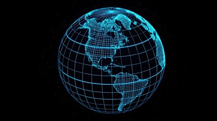 Rotating 3 D Wireframe Earth Globe Cyan Blue Lines Grid isolated on a transparent background