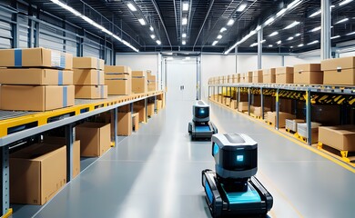 Advanced Robotic Automation in a Modern Warehouse with Glowing Mobile Robots.