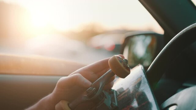 Skateboarder spinning wheel sitting in car during golden hour sunset lifestyle moment