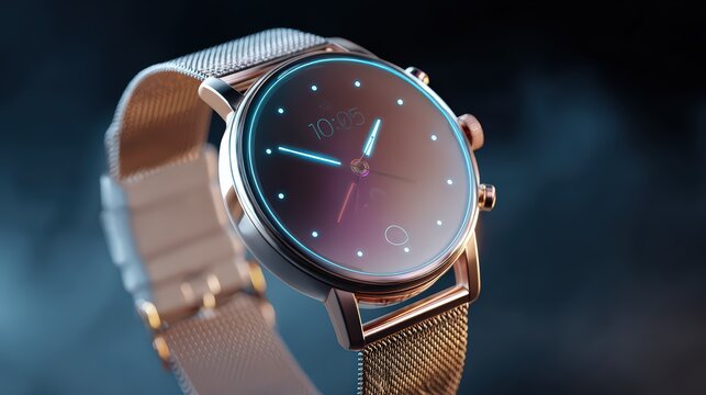 Rose Gold Womens Smartwatch with Mesh Band and Digital Display Showing 1005 isolated on a transparent background
