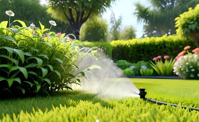 Idyllic Garden Maintenance: Sprinkler Mists a Lush Lawn in Morning Light.