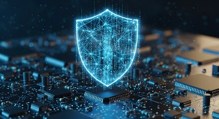 Digital shield graphic overlaying a circuit board.