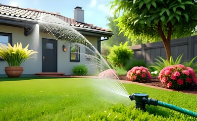 Idyllic Suburban Backyard with an Oscillating Sprinkler Watering a Lush Green Lawn.