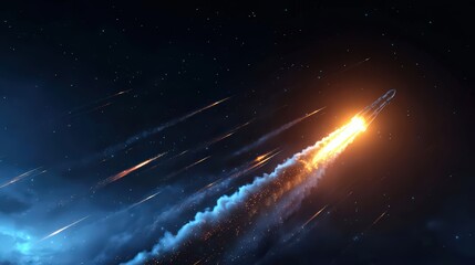Space Rocket Launch Amidst Shooting Stars and Cosmic Dust isolated on a transparent background