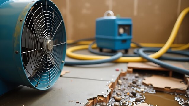 Water damage restoration drying equipment and dehumidifier for flood cleanup and home repair service